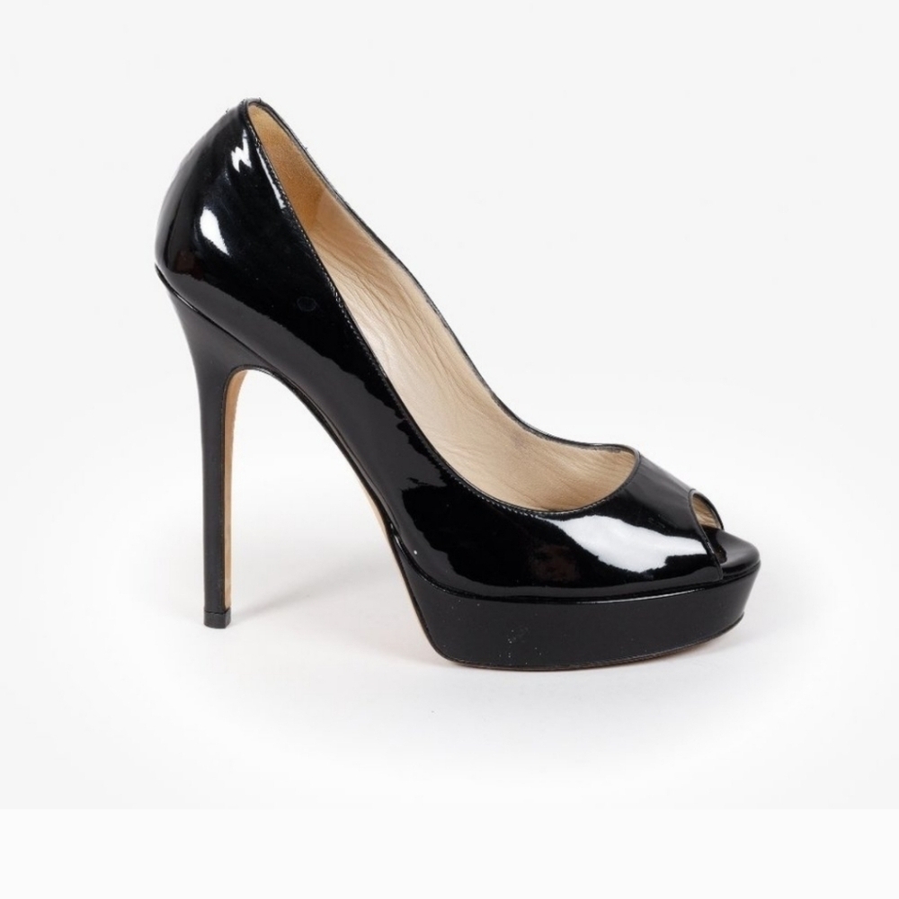 Jimmy Choo Black Patent Leather Peep Toe Platform Pumps